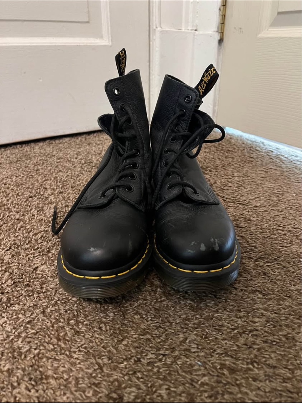 Dr. Martens Kids Black Leather Lace-Up Boots with Yellow Stitching